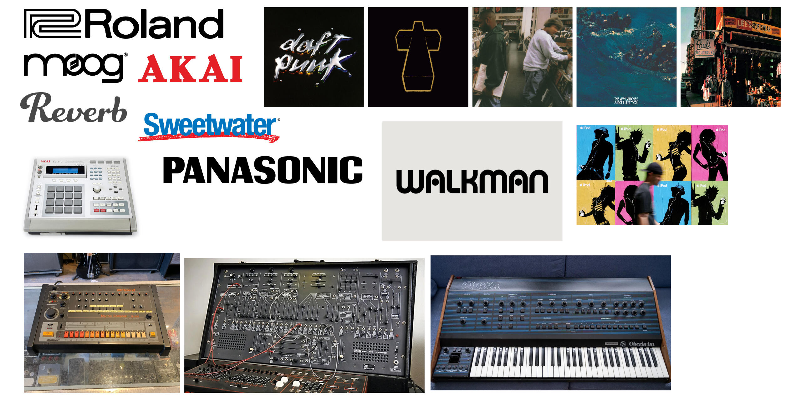 Moodbard Moodboard featuring logos for Roland, Moog, Akai, Sweetwater, Panasonic, and Walkman. Album covers for Discovery (Daft Punk), Cross (Justice), Endtroducing (DJ Shadow), Since I Left You (The Avalanches), Paul's Boutique (Beastie Boys). Pictures of vintage