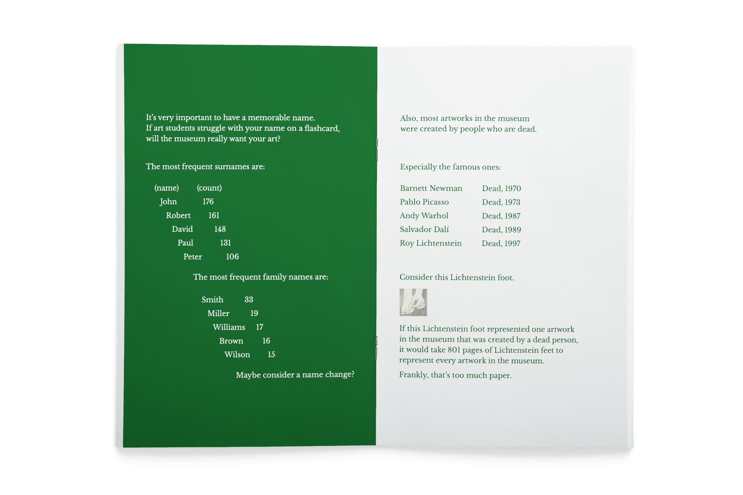 A zine spread about having a memorable name and that most artworks were created by people who are now dead.