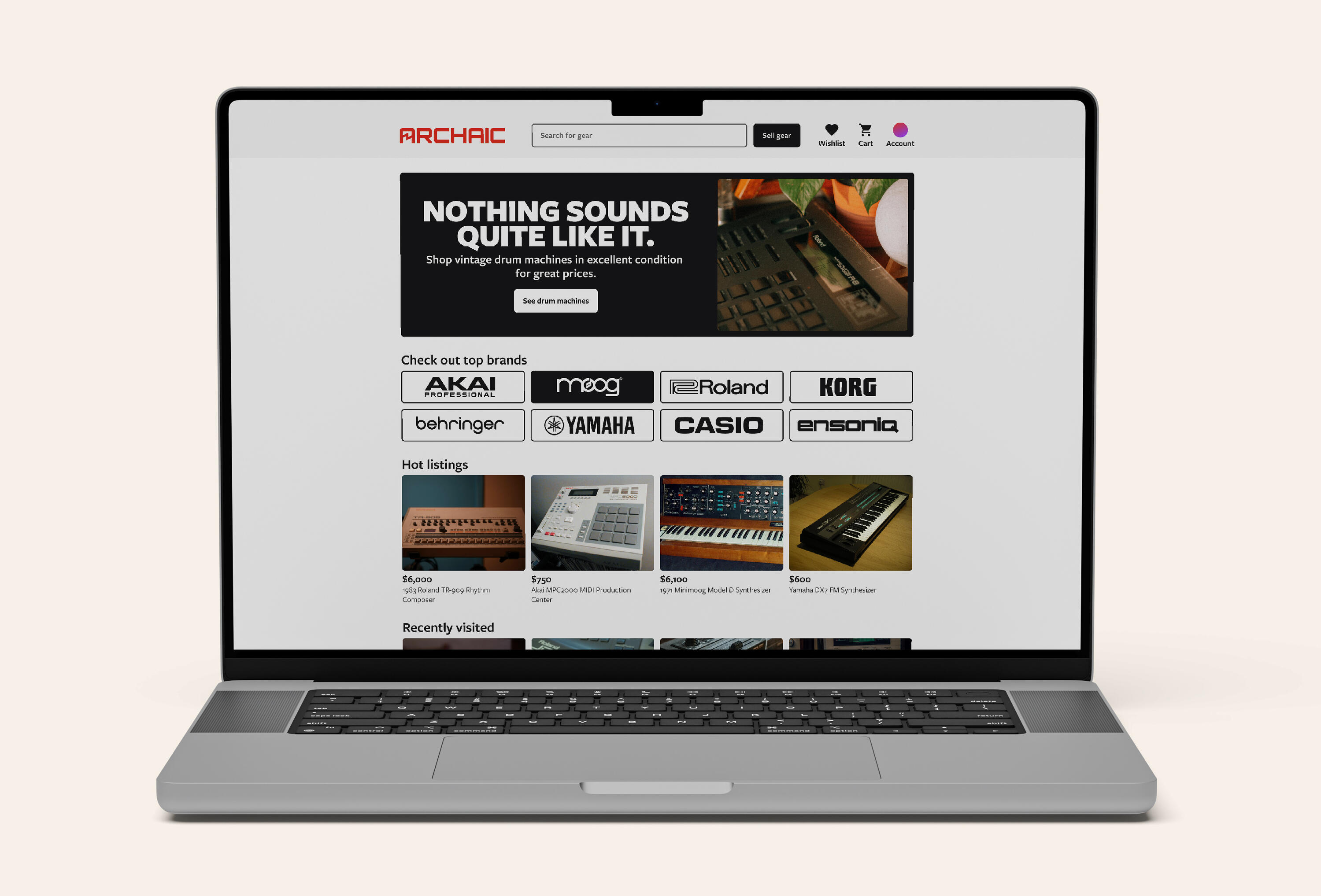 Website A laptop with a website for Archaic, with a banner "NOTHING SOUNDS QUITE LIKE IT.", a "top brands" grid and "hot listings" grid.