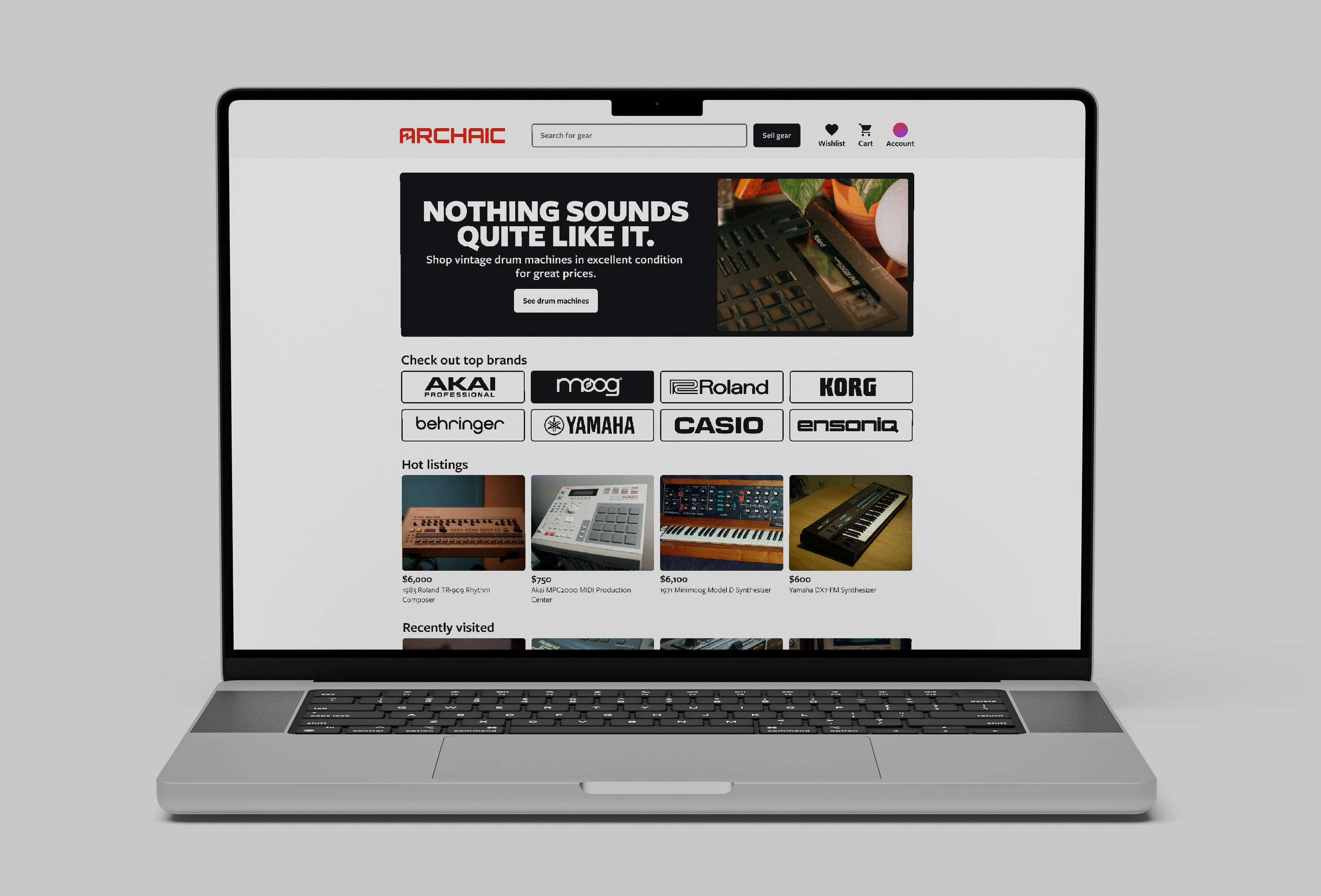 Website A laptop with a website for Archaic, with a banner "NOTHING SOUNDS QUITE LIKE IT.", a "top brands" grid and "hot listings" grid.