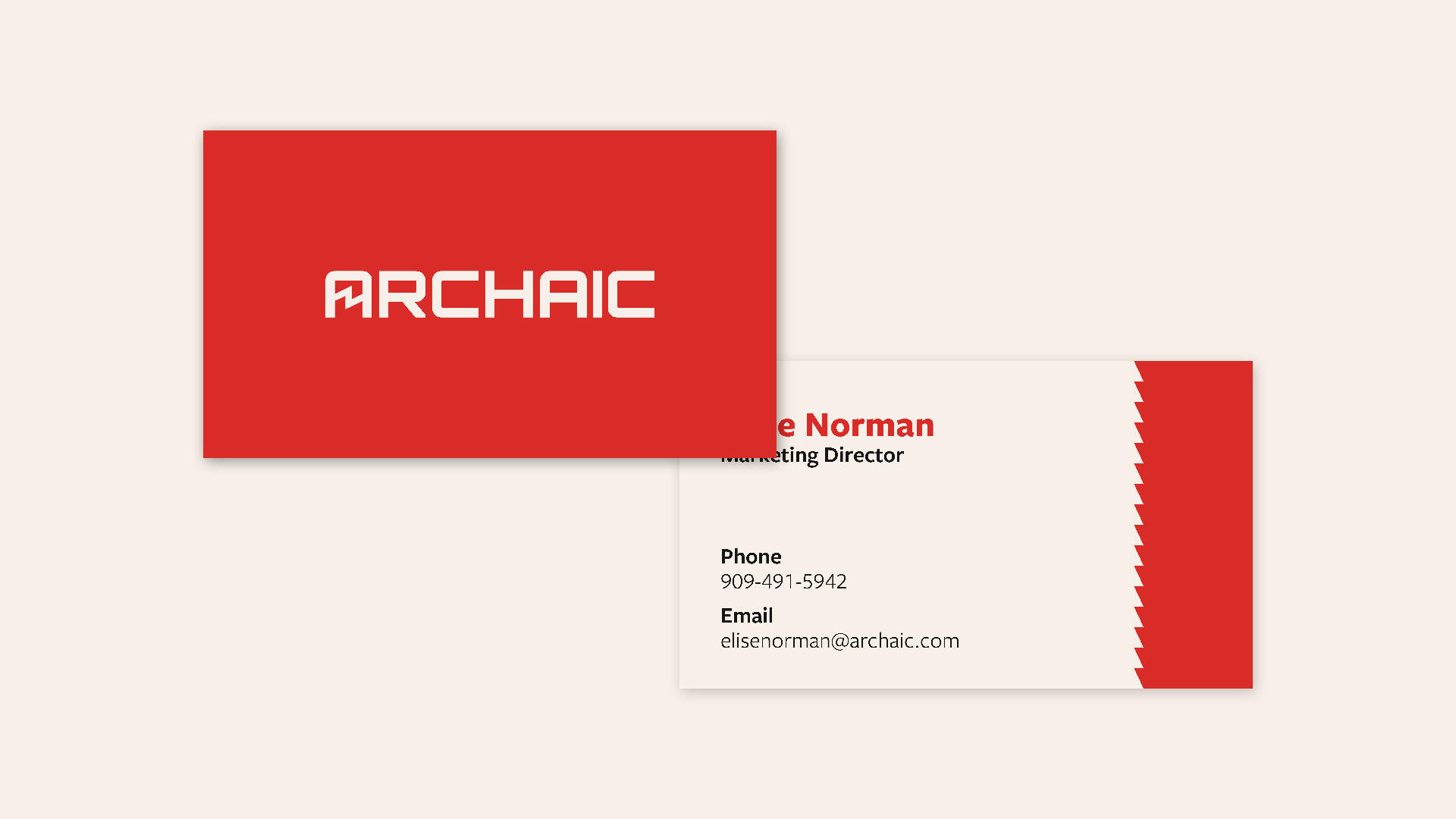 Both sides of a business card, front slightly overlaying the back. On the front, a red background with "ARCHAIC" logo in cream color. On the back, the cream color background with "Elise Norman", "Marketing Director", a phone number and email address, and o