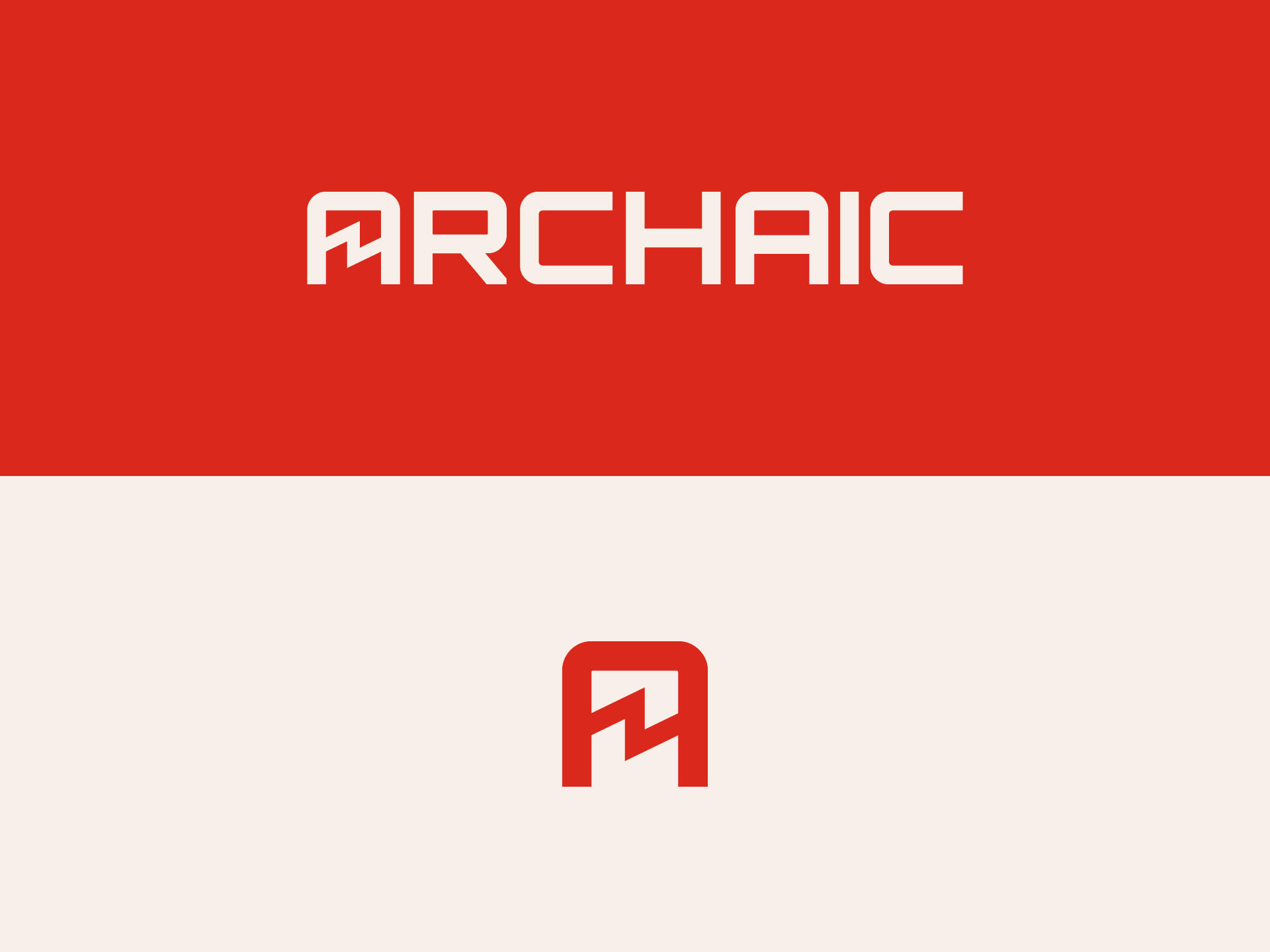 Two logos; on top "ARCHAIC" in a geometric typeface with the crossbar of the first A replaced with a saw wave, on bottom just the A from above.