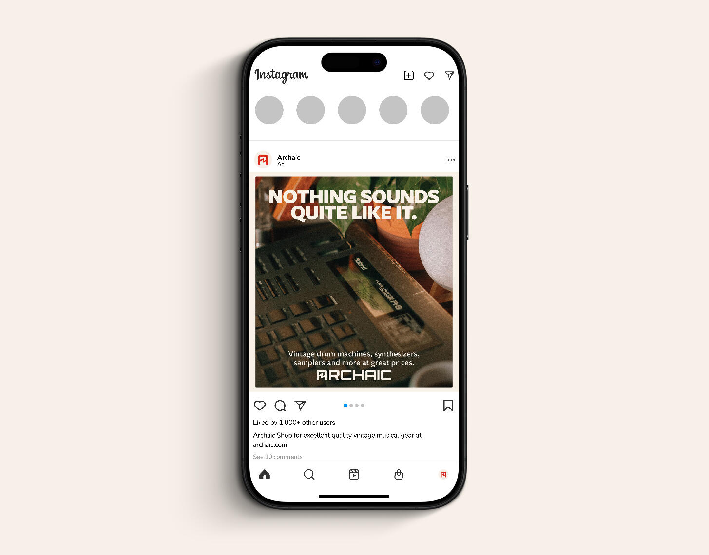 Instagram ad An iPhone with Instagram open, viewing an advertisement. Big text "NOTHING SOUNDS QUITE LIKE IT." at the top, "Vintage drum machines, synthesizers, samplers and more at great prices." at the bottom, the the Archaic logo below.